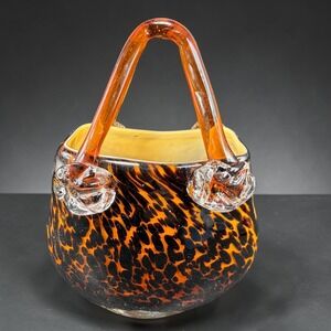 Italian Art Glass Purse Vase Vessel Tortoiseshell Leopard Print Amber Black 7in